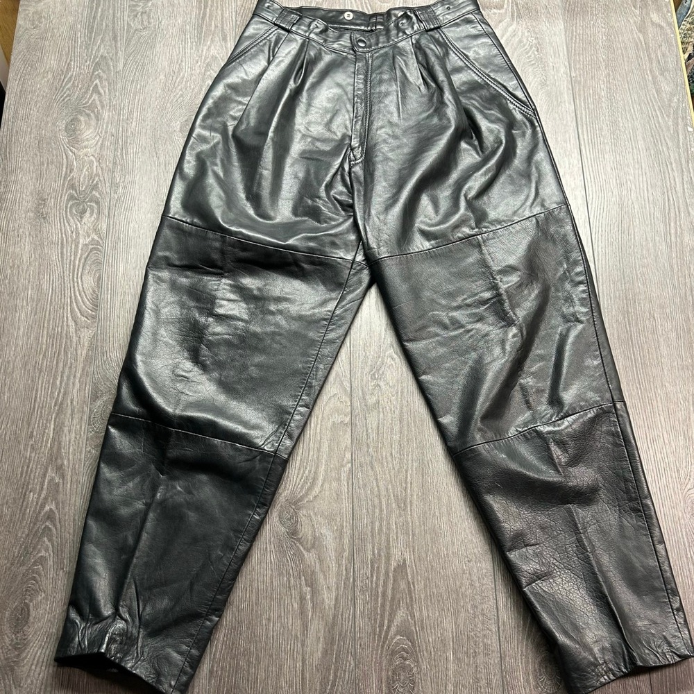 Vintage Danier Black Leather Pleated Tapered Leg Pants Mens 30x30 High Waist